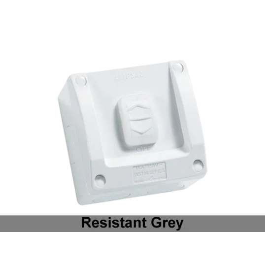 Clipsal Switch Sliding Surface Mount Weatherproof Square 1 Gang 16A 250V IP66 Chemical Resistant Grey | WS226RG