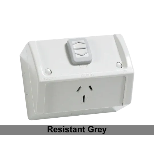Clipsal GPO Switched Outlet Weatherproof Surface Mount Standard 1 Gang 15A 250V IP54 Horizontal Chemical Resistant Grey | WSC227/1/15RG