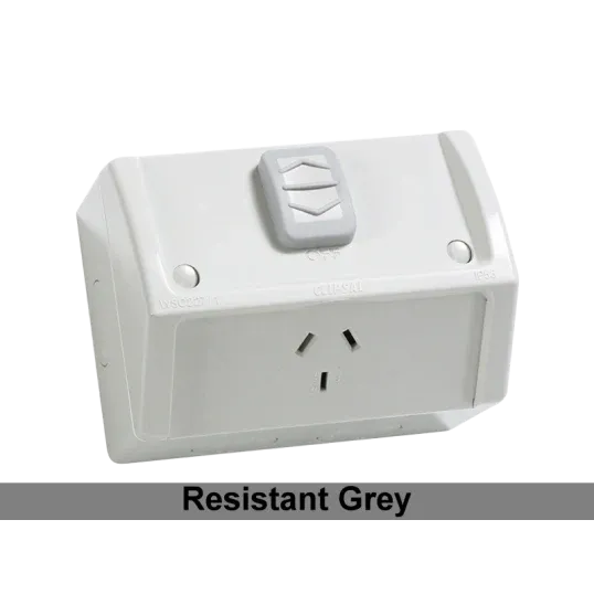 Clipsal GPO Switched Outlet Weatherproof Surface Mount Standard 1 Gang 10A 250V IP54 Horizontal Chemical Resistant Grey | WSC227/1RG