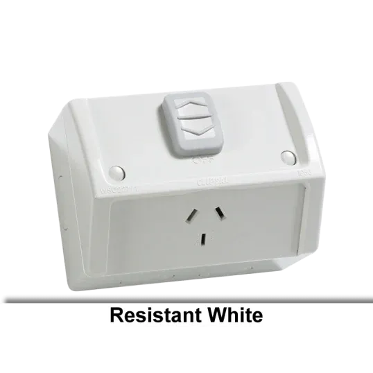 Clipsal GPO Switched Outlet Weatherproof Surface Mount Standard 1 Gang 10A 250V IP53 Horizontal Chemical Resistant White | WSC227/1RW