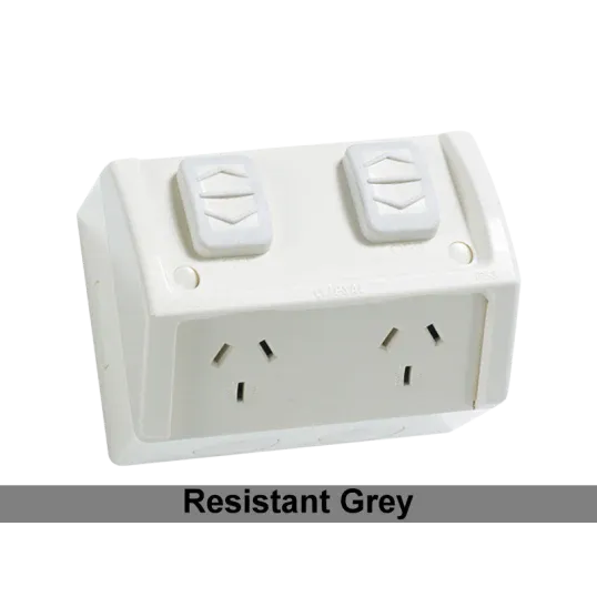 Clipsal GPO Switched Outlet Weatherproof Surface Mount Standard 2 Gang 10A 250V IP54 Horizontal Chemical Resistant Grey | WSC227/2RG