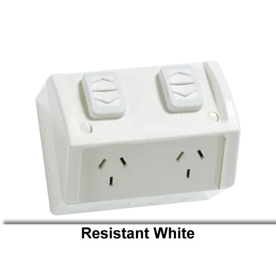 Clipsal GPO Switched Outlet Weatherproof Surface Mount Standard 2 Gang 10A 250V IP53 Horizontal Chemical Resistant White | WSC227/2RW