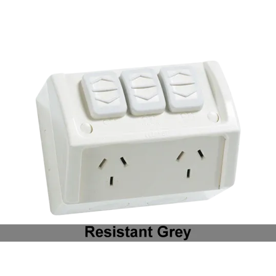 Clipsal GPO Switched Outlet Weatherproof Surface Mount 2 Gang 10A 250V IP54 1 Extra Switch Horizontal Chemical Resistant | WSC227/2XRG