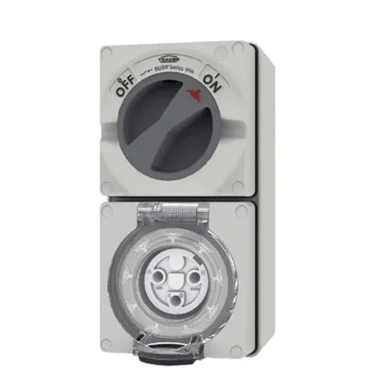 GSME Switch Socket Outlet Surface Mounting Weatherproof 1Ph 20A 250V 3 Pin Round Grey IP66 | BUC320