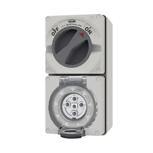GSME Switch Socket Outlet Surface Mounting Weatherproof 3Ph 10A 500V 5 Pin Round Grey IP66 | BUC510