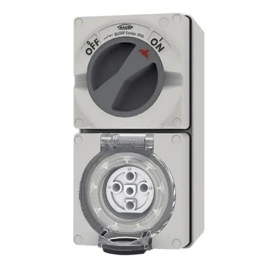 GSME Switch Socket Outlet Surface Mounting Weatherproof 3Ph 32A 500V 5 Pin Round Grey IP66 | BUC532