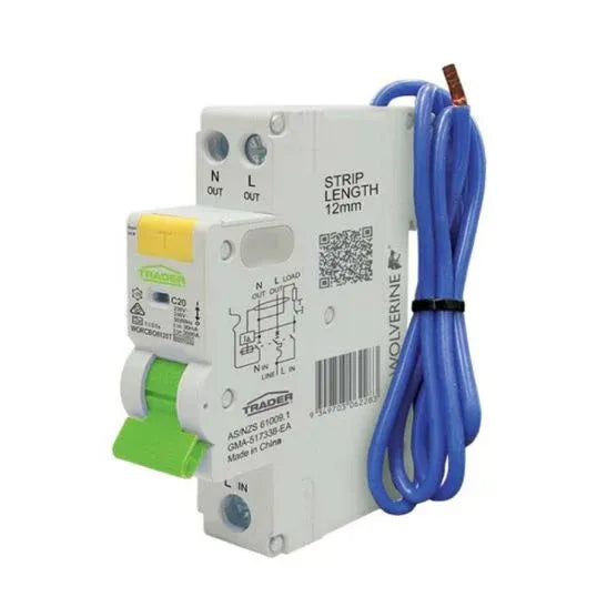 GSME Residual Current Breaker with Overcurrent Protection (RCBO) Type A 20Amp 4.5kA 30mA C Curve 1 + N Pole 1 Module | WORCBO6120T