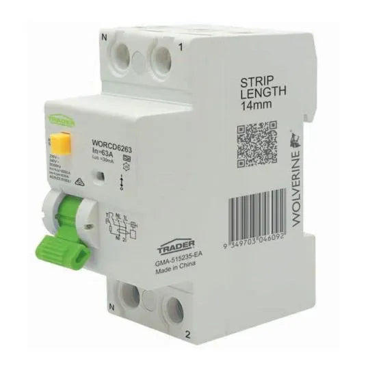 RCD 6kA 2 Pole 63 Amp 230 240V 30mA Type A 2 Module | WORCD6263