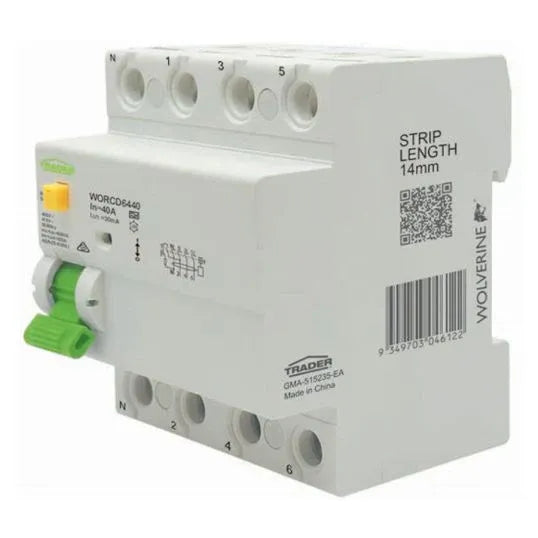 RCD 6kA 4 Pole 40 Amp 400 415V 30mA Type A 4 Module | WORCD6440