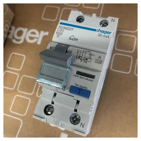 Hager Combination RCD Circuit Breaker RCBO 2Pole 20 Amp 230-240V AC 6 kA 2Module 36mm DIN Rail | ADA920T
