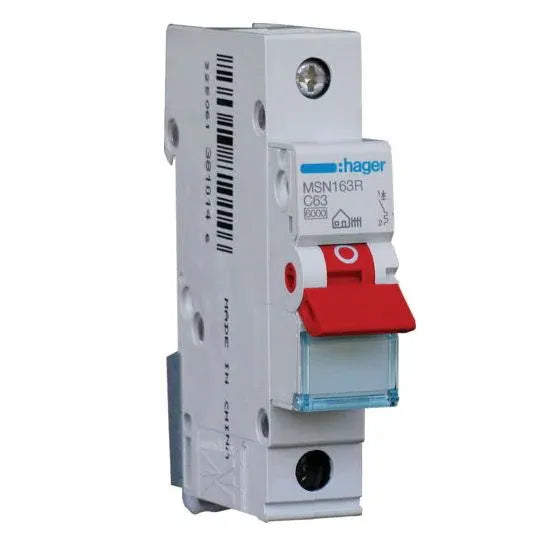 Hager Miniature Circuit Breaker C Curve 63Amp 6 kA 1Pole 1Module 17.5mm DIN Rail Mount | MSN163R
