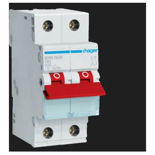 Hager Miniature Circuit Breaker C Curve 63Amp 6 kA 2Pole 2Module DIN Rail Mount | MSN263R