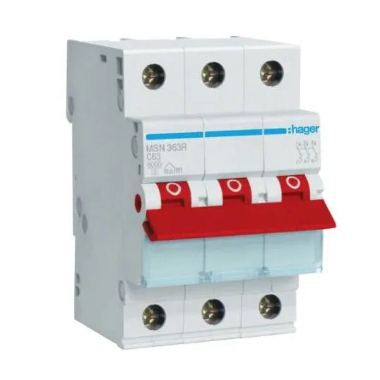 Hager Miniature Circuit Breaker C Curve 63Amp 6 kA 3Pole 3Module 52.5mm DIN Rail Mount | MSN363R