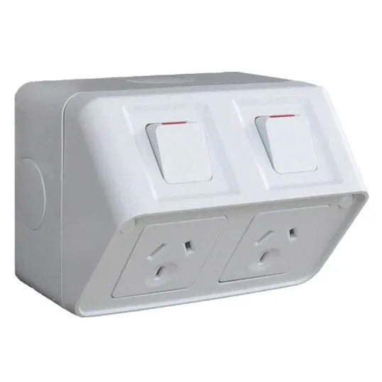 Hager GPO Switched Outlet Weatherproof Surface Mount 2 Gang 10A 250V 1 Pole IP53 Light Grey | WBWP2S
