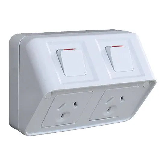 Hager GPO Switched Outlet Weatherproof Surface Mount 2 Gang 10A 250V 1 Pole IP53 Shallow Base Light Grey | WBWP2SH