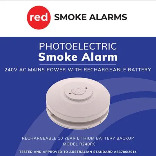 Red Smoke Alarms Smoke Alarm 220-240 Volt AC Lithium Battery PhotoElectric Sensor 85 dB Screw Surface white 140mm X 55mm | R240RC