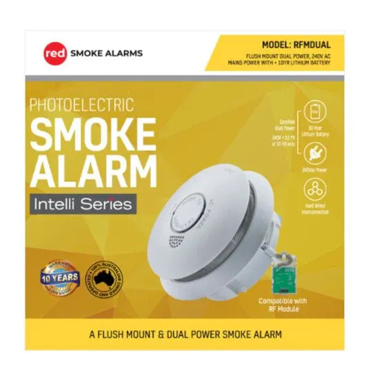 Red Smoke Alarms Photoelectric Smoke Alarm Flush Mount Dual Power 230/3V 10 Year Lithium Battery | RFMDUAL
