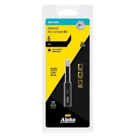 Sheffield Diamond Core Drill Wax Filled Dry Cut 6mm OAL 67mm Hex Shank | 9DCD060