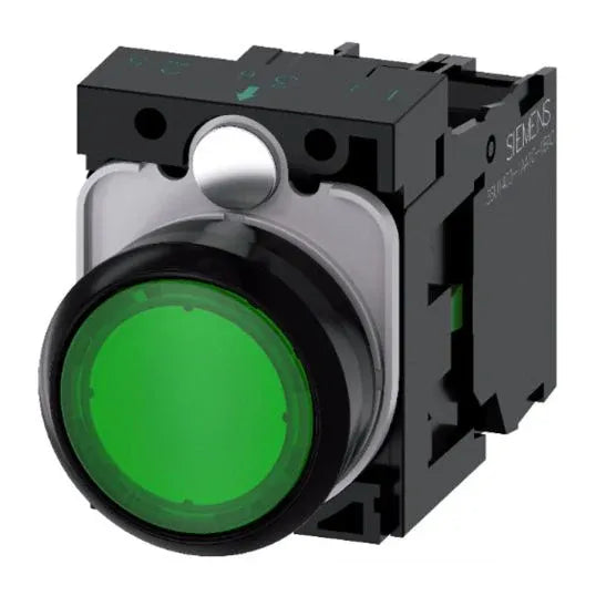 Siemens Sirius ACT Pushbutton Illuminated 22mm Round Flat Momentary 1NO Integrated LED 24VAC/DC Plastic Green | 3SU11020AB401BA0