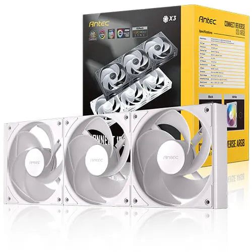 Antec Connect C120R Reverse White ARGB 3PK Performance 120mm PWM Fan: 4-pin PWM | LED: 3-pin  Vibration Absorbing and Anti-Noise Pads case fan