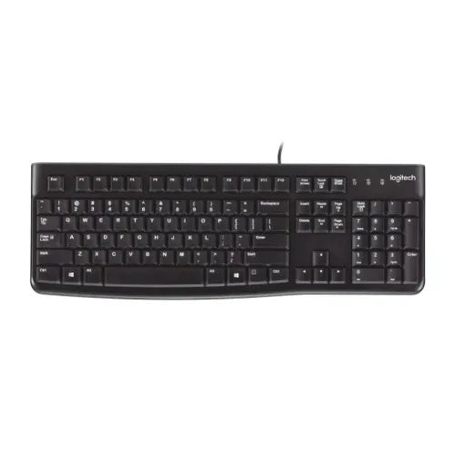 Logitech K120 Wired Keyboard Quiet typing Spill-resistant Durable keys Thin profile Curved space bar Adjustable tilt legs
