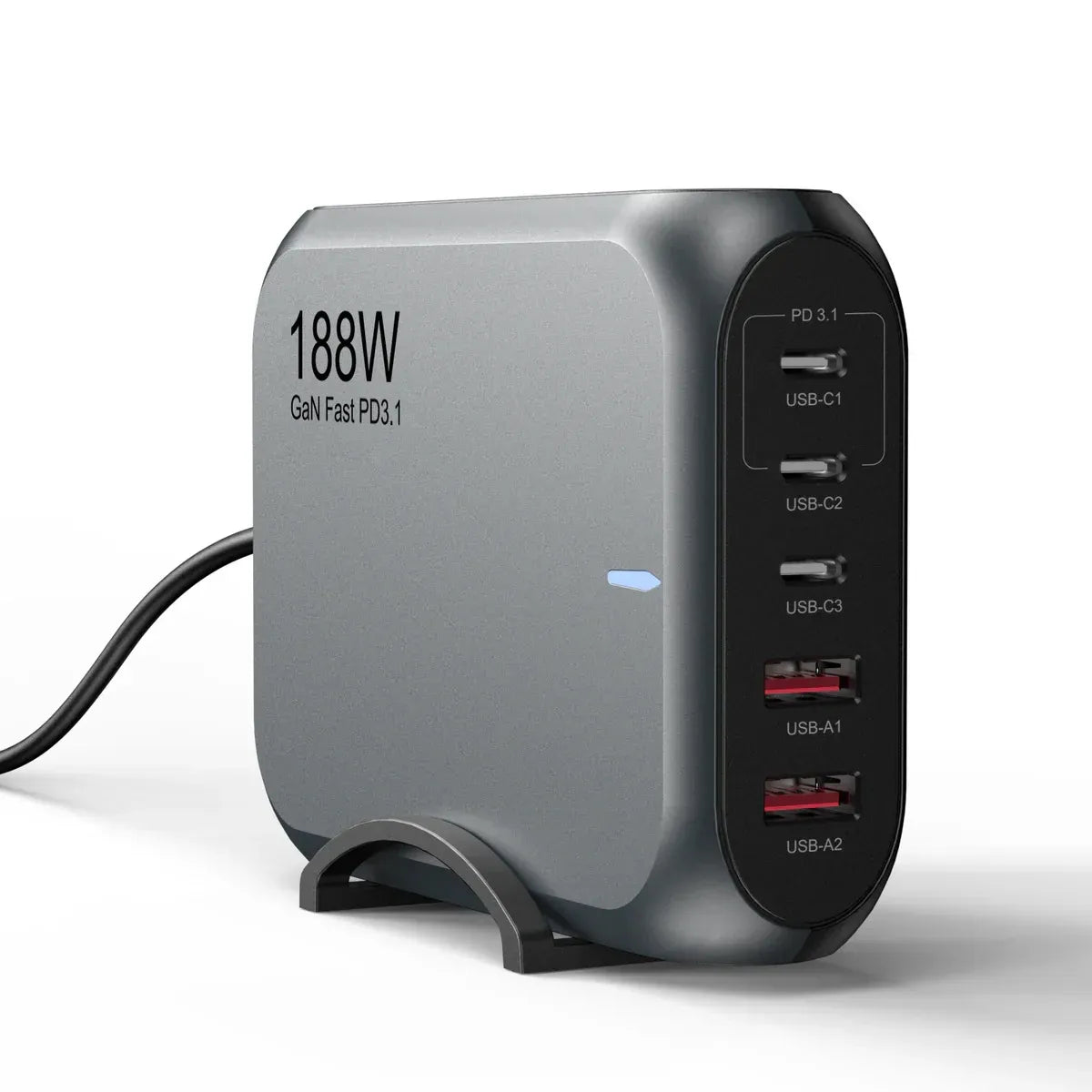 USP 188W GaN 5 Ports USB-C PD Laptop Wall Charger Black - 3x USB-C, 2x USB-A, Efficiently, High Quality, Tablet, Laptop, iPhone, 2 Years Warranty