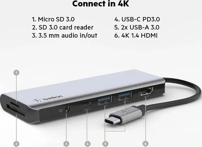 Belkin Connect USB-C 7-in-1 Multiport Hub Adapter - Space Grey (AVC009btSGY), 100W PD, 5 Gbps, 1x 4K HDMI, 2x USB-A, 1x USB-C, 1x SD, 2 Years Warranty