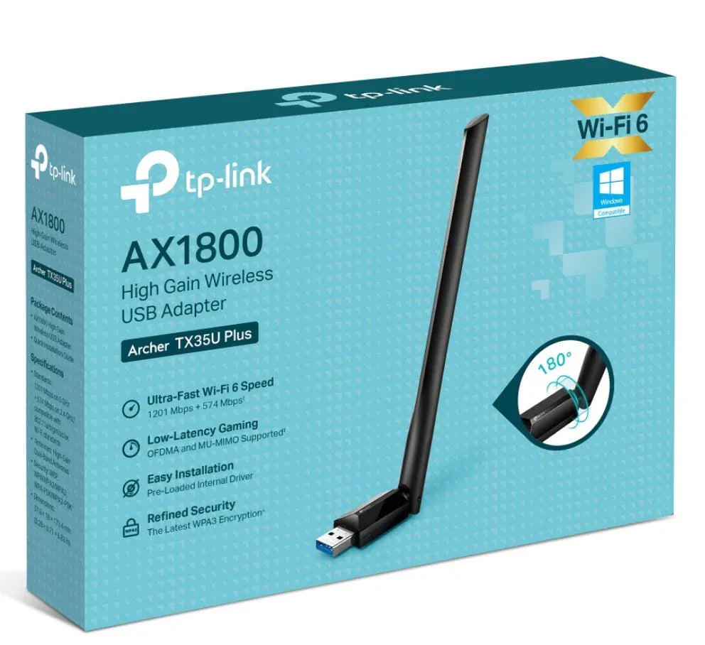 TP-Link Archer TX35U Plus AX1800 High Gain Wireless USB Adapter, 1201 Mbps at 5 GHz + 574 Mbps at 2.4 GHz, 1× High Gain External Antenna, USB 3.0
FEA