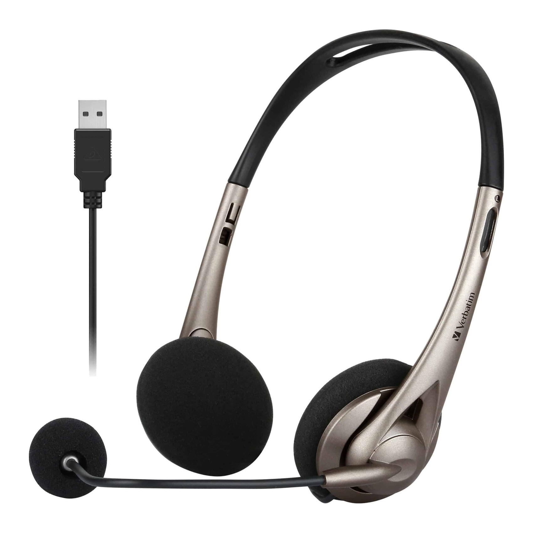 Verbatim Multimedia Headset with Boom Mic Headphone, Volume Control, USB 3.0 – Grey – School, Office, Business. Retail Pack