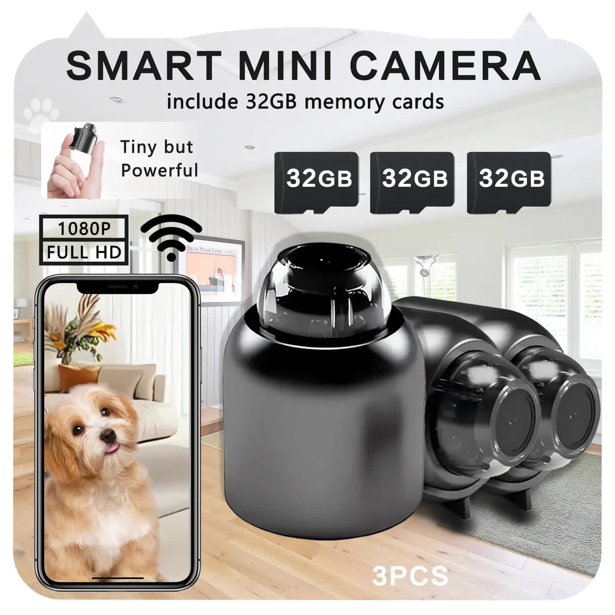 3pcs Mini Wireless Surveillance Camera with 2.4G WiFi, HD 1080P, Supports 32GB Cards, Night Vision, Audio, USB Power, Remote View, Wide-angle, Easy To Carry, for Home, Pet, Bedroom, Black Fridays.（Optional monitoring card set）