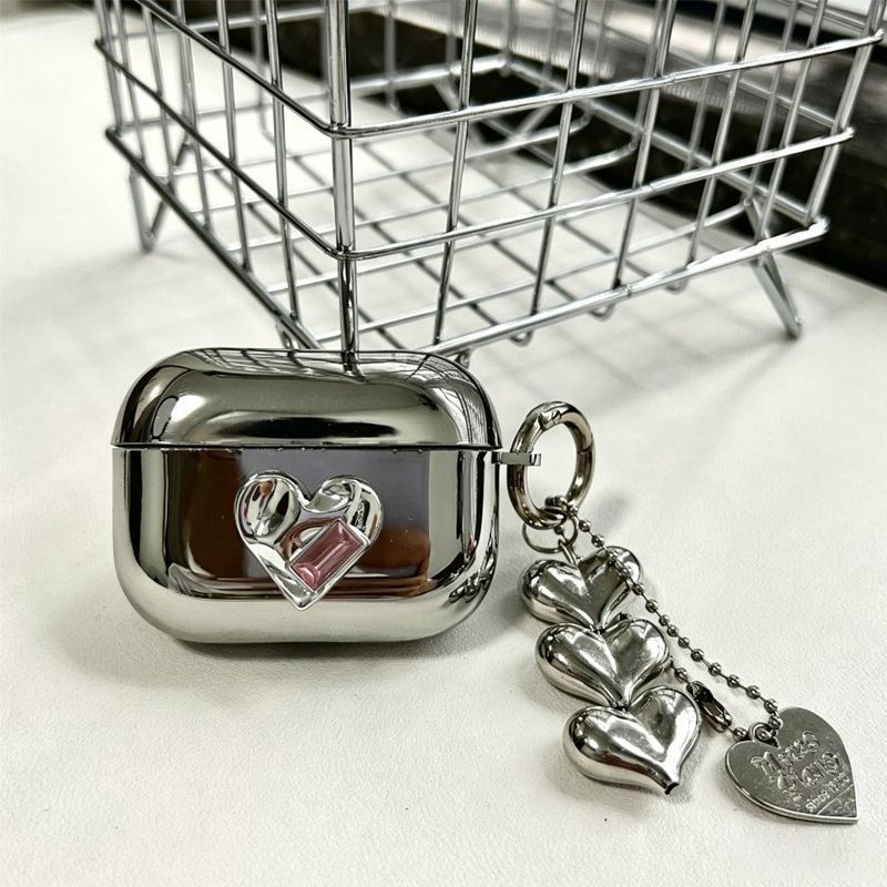 AirPods Pro Textured Silver Heart Electroplated Case + 3 Heart Charms