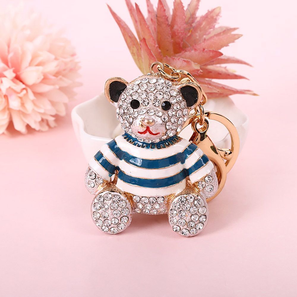 Blue Stripe Crystal Bear Keychain Cute Alloy Keyring Gift 2-Pack
