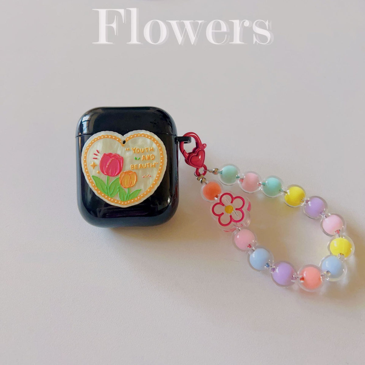 Floral patches + black base shell + colorful bracelet AirPods Pro 2