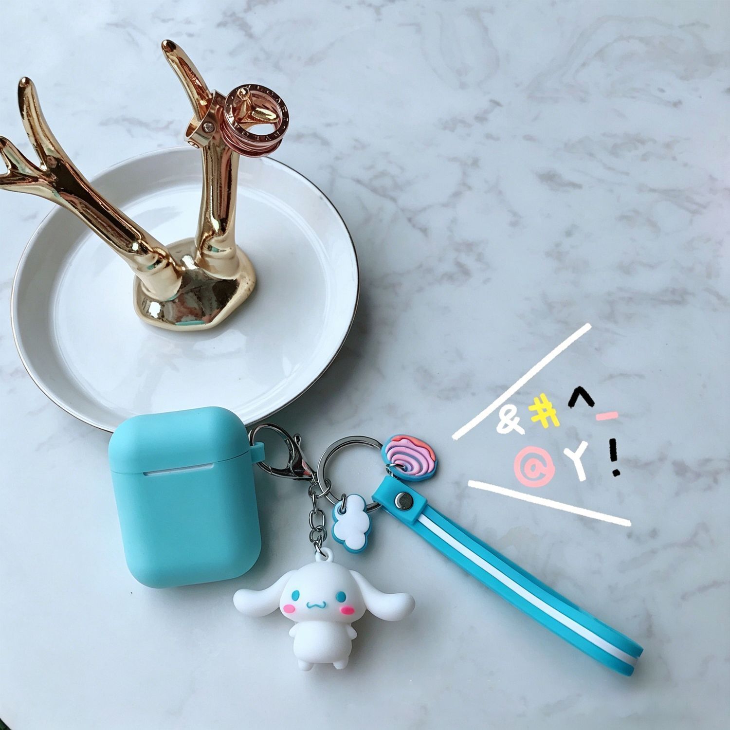 light blue case + white big ear dog pendant Apple AirPods pro