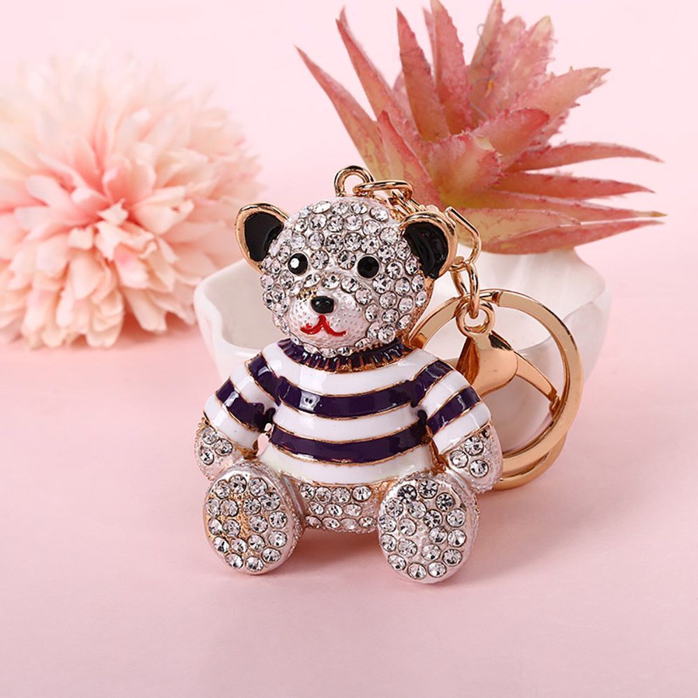 Purple Stripe Crystal Bear Keychain Cute Alloy Keyring Gift 2-Pack