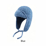 Women Sherpa Aviator Beanie - Warm Earflap Knit Hat Blue