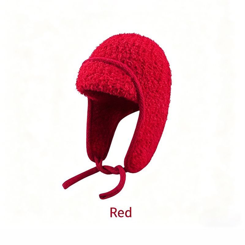 Women Sherpa Aviator Beanie - Warm Earflap Knit Hat Red