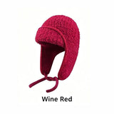 Women Sherpa Aviator Beanie - Warm Earflap Knit Hat Wine Red