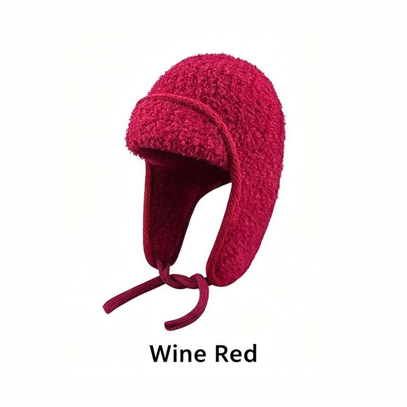 Women Sherpa Aviator Beanie - Warm Earflap Knit Hat Wine Red