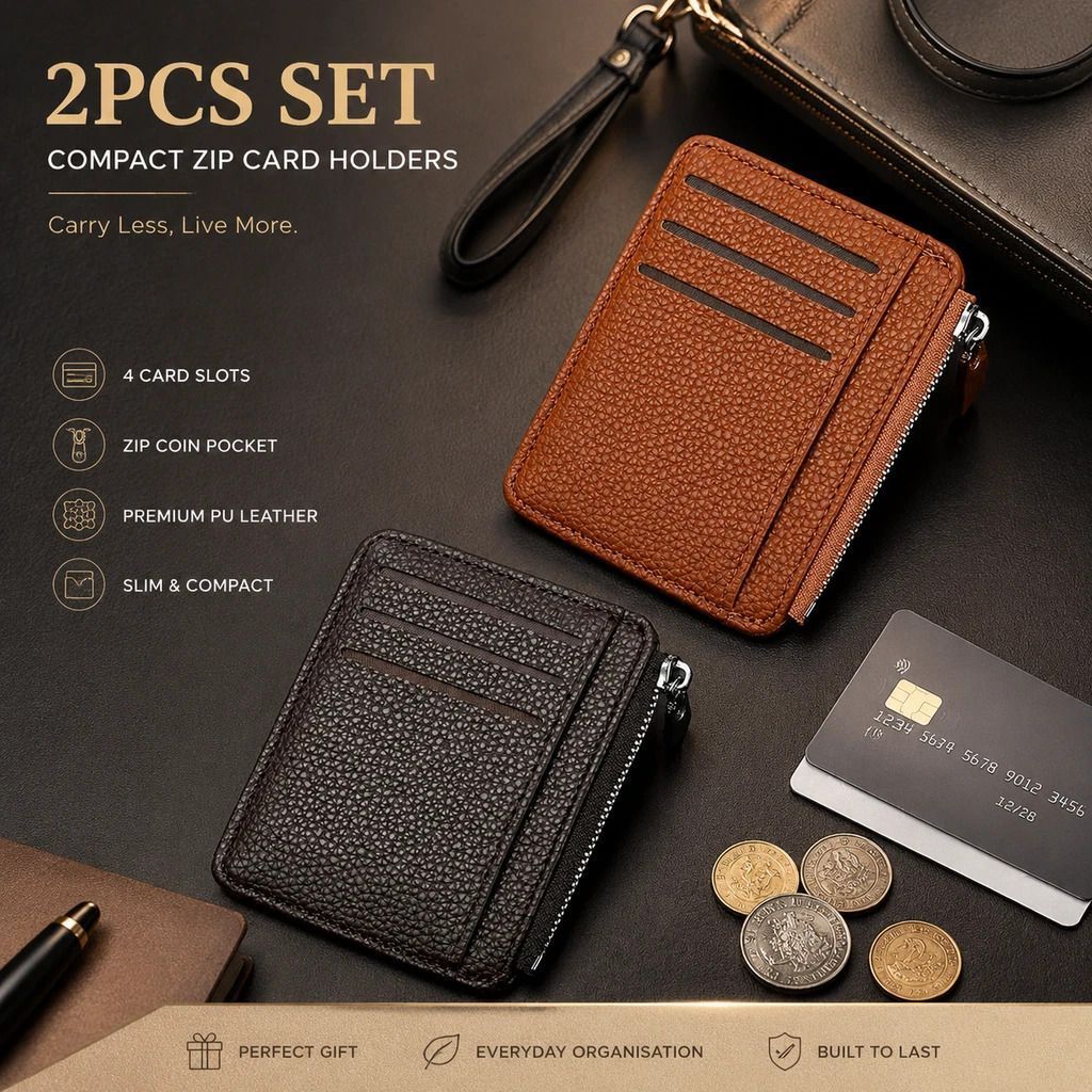 Brown & Coffee Vertical Card Clip 2 Piece Set Vintage Lychee Texture Multi Card Slots