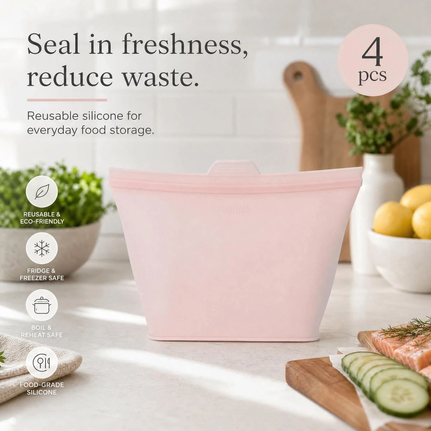 4 Pack Food-Grade Silicone Food Storage Bags, Light Pink, 500ml