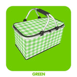 Thickened Foldable Aluminum Foil Insulated Picnic Basket-Green chequered pattern