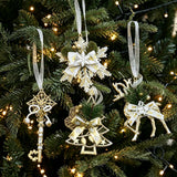 4pk Assorted White Gold Xmas Ornaments (Tree/Reindeer/Snowflake/Key)
