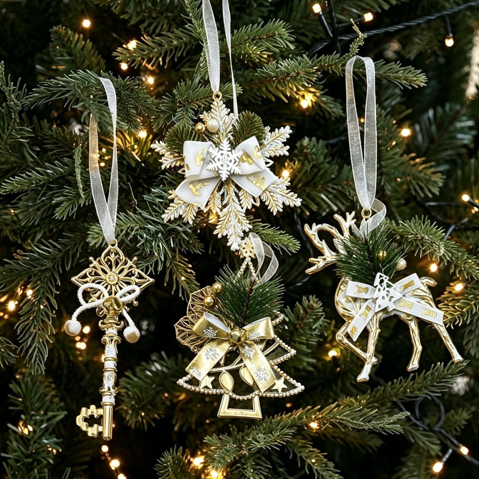 8pk Assorted White Gold Vintage Xmas Hanging Decor 4 Styles Mix