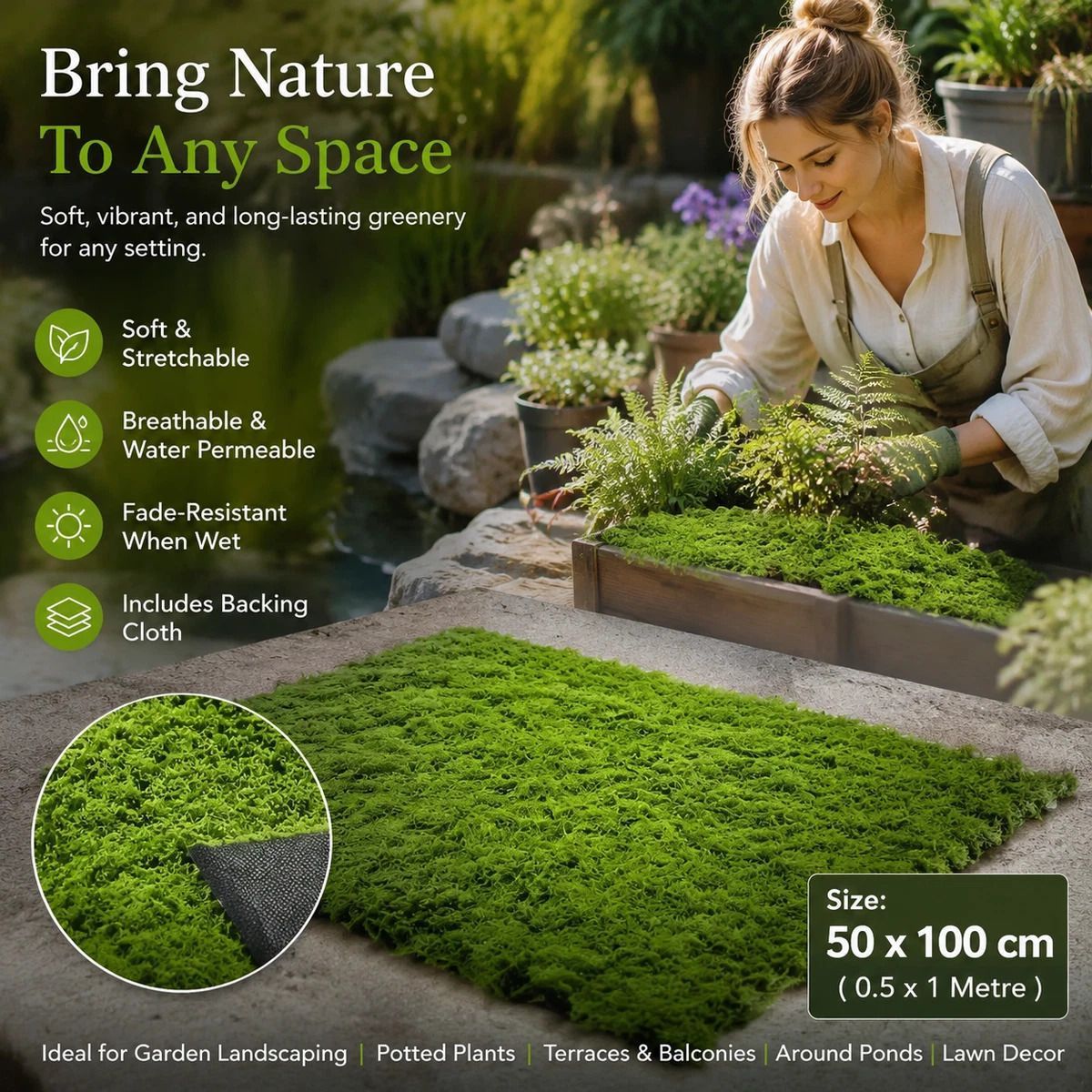 Dark Green Moss Pad With Base Cloth 50cm脳100cm Indoor Landscape Ornament