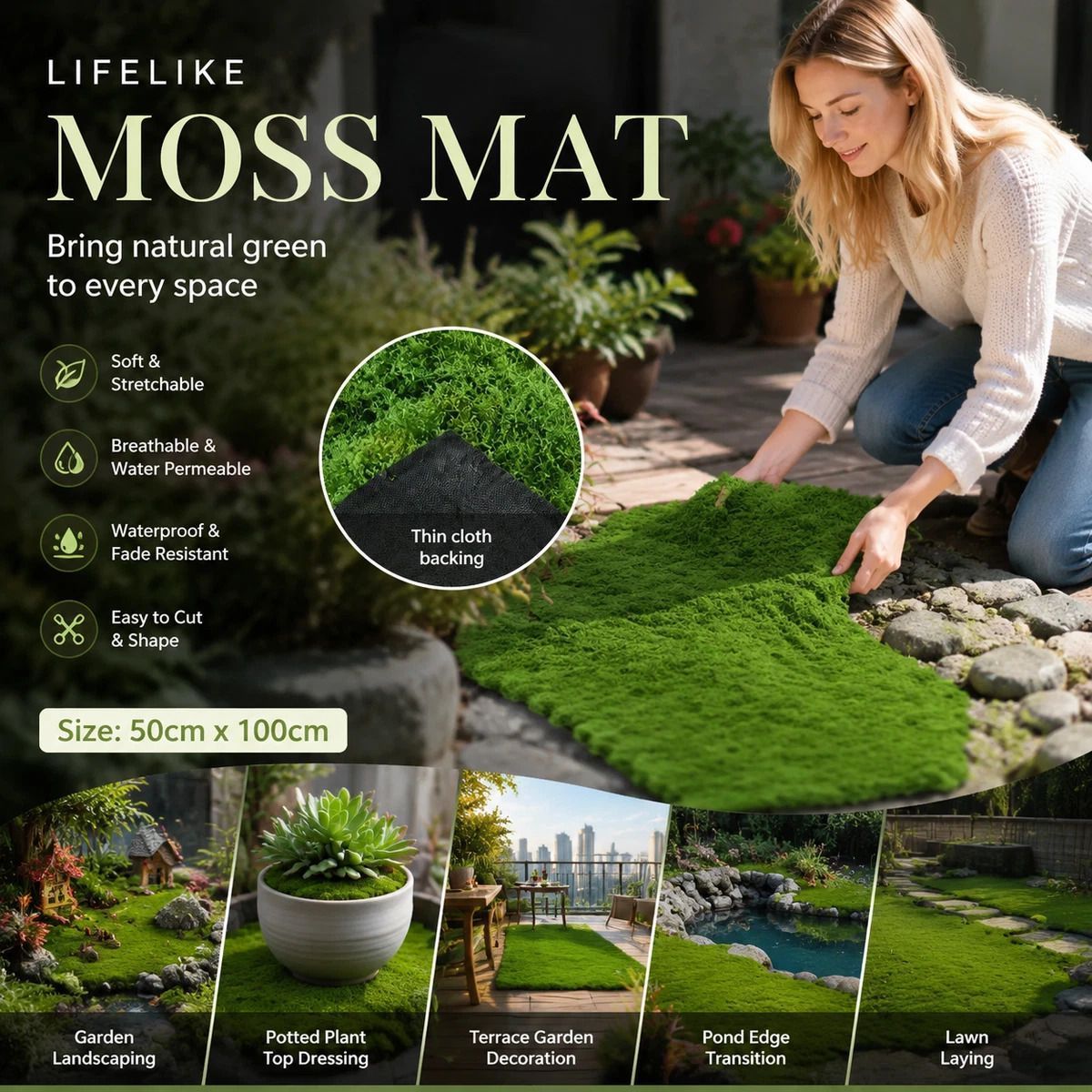 Light Green Preserved Thread Moss Sheet Fabric Backing 50脳100cm Patio Mat