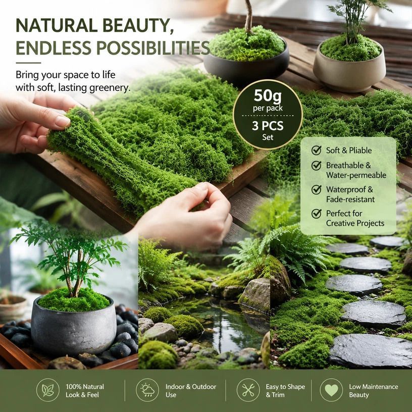 Dark Green Artificial String Moss Terrarium Filler Set of 3 Bags 50g Each