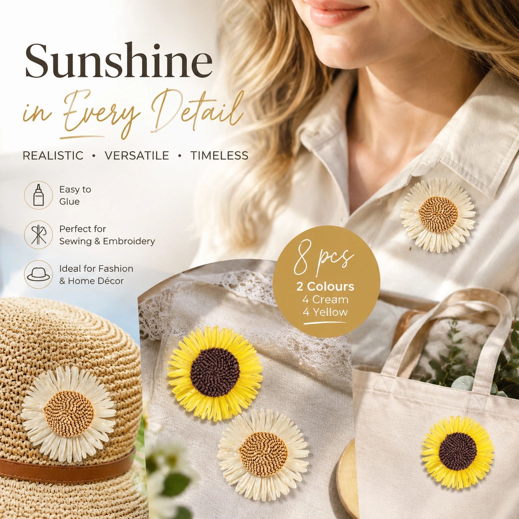 Cream White & Ginger Yellow Mixed Boho Artificial Sunflower Daisy Garment Accessory 8 Pack
