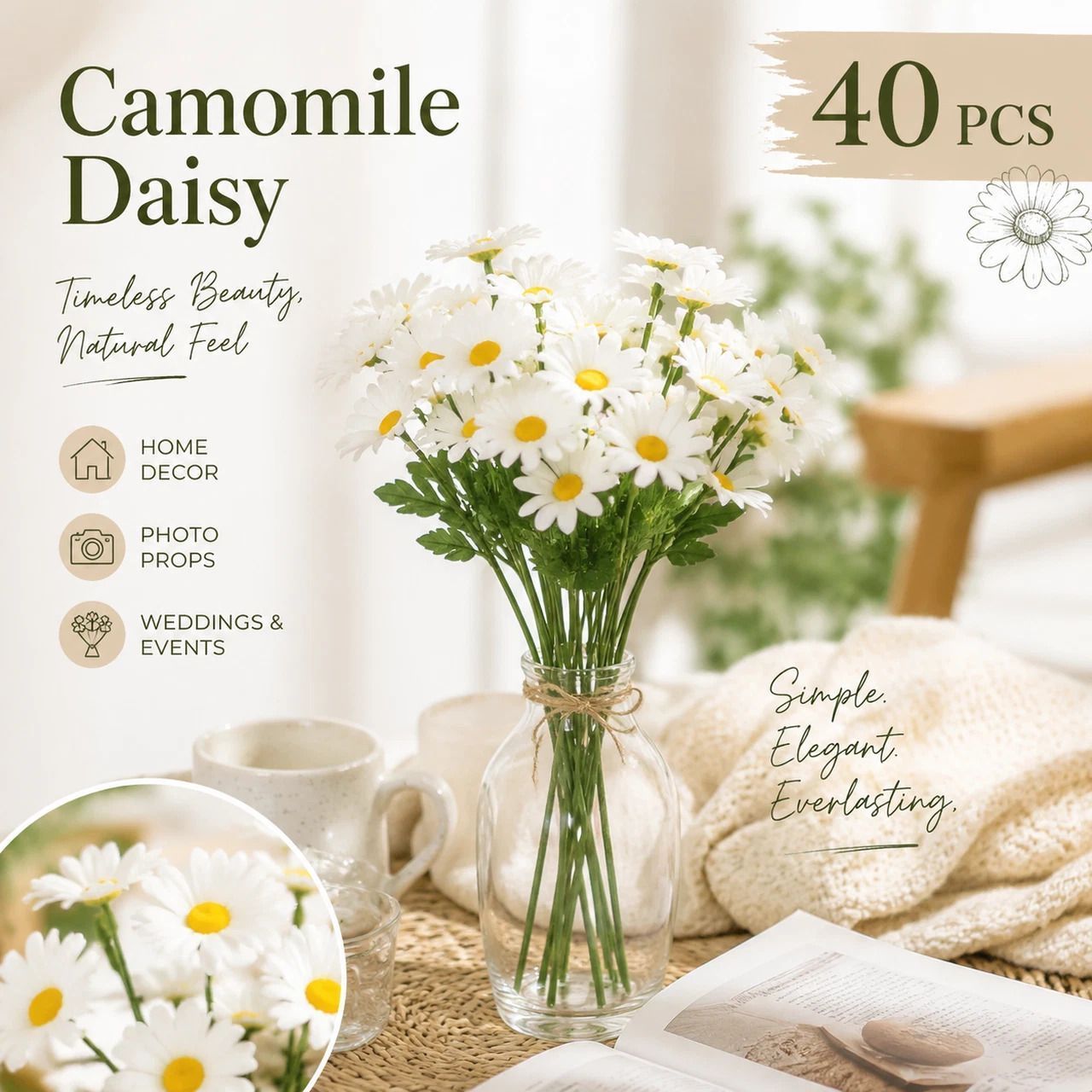 Laid-Back Aussie Lifestyle Fake Chamomile Daisy, Gentle Natural Photo Prop For Home & Cafe 40 pcs