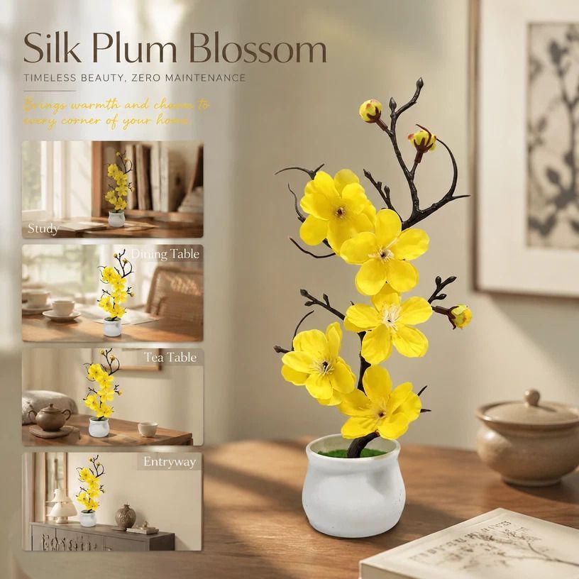 Soft Silk Wintersweet Jar Bonsai Table Decor Yellow